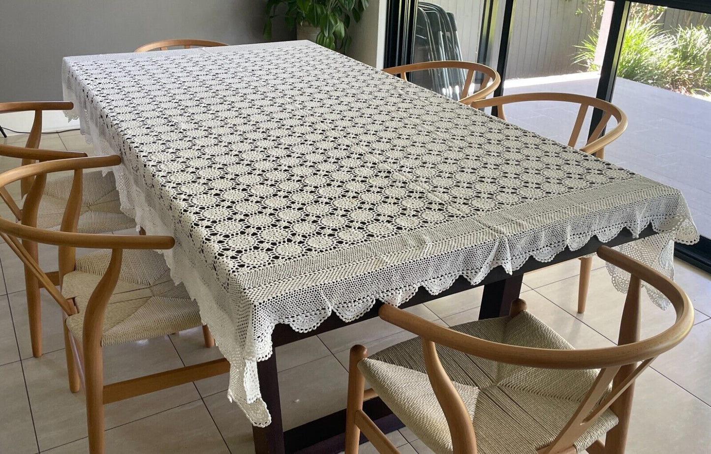 Crochet Lace TABLE CLOTH 1970s White Cotton Rectangle Bedspread 236cm x 171cm