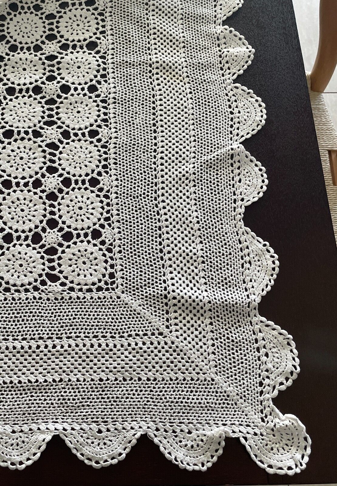Crochet Lace TABLE CLOTH 1970s White Cotton Rectangle Bedspread 236cm x 171cm