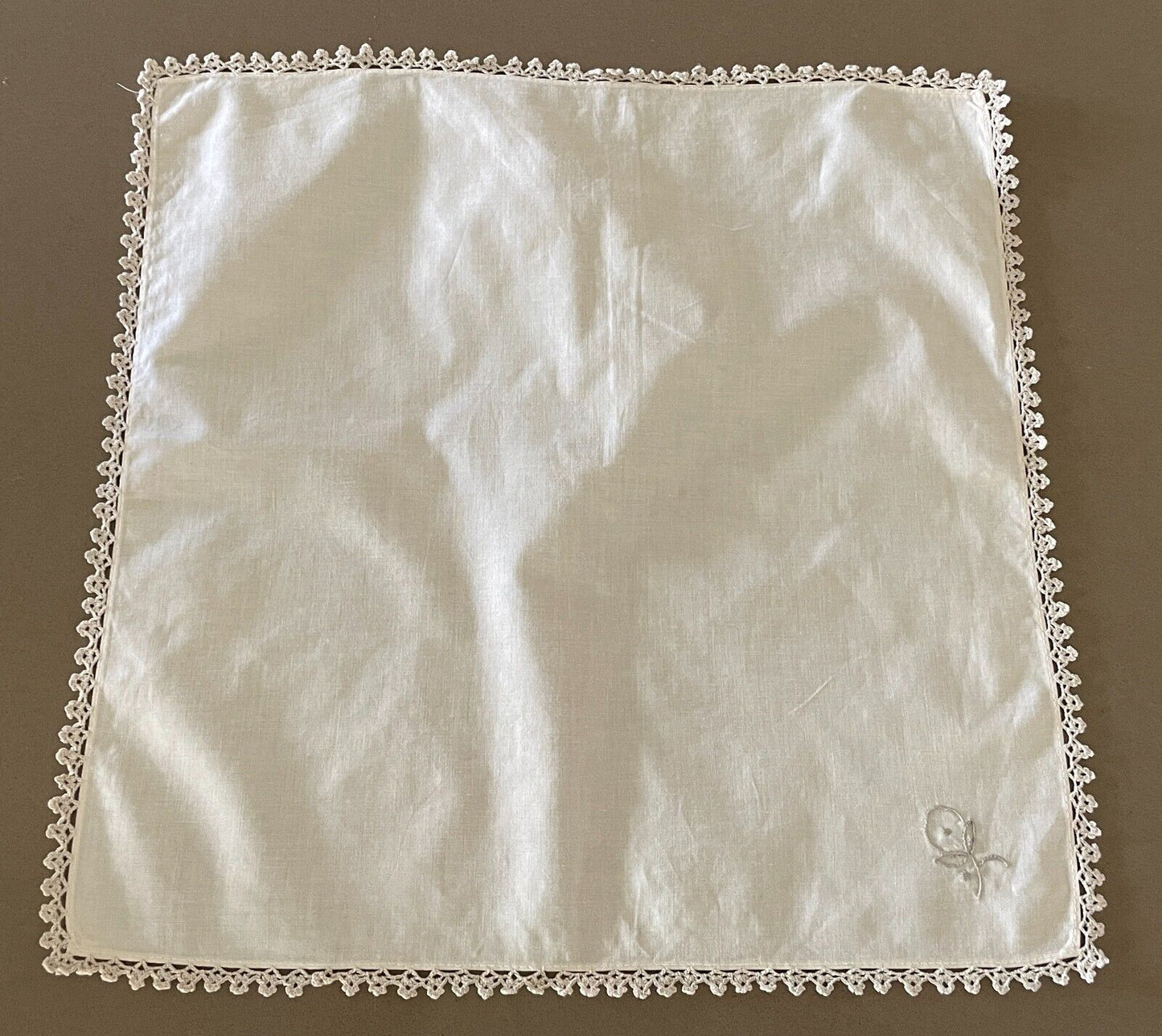 Crochet Edge Vintage NAPKIN Set of 8 Beige Cotton Floral Embroidered 42 x 42cm