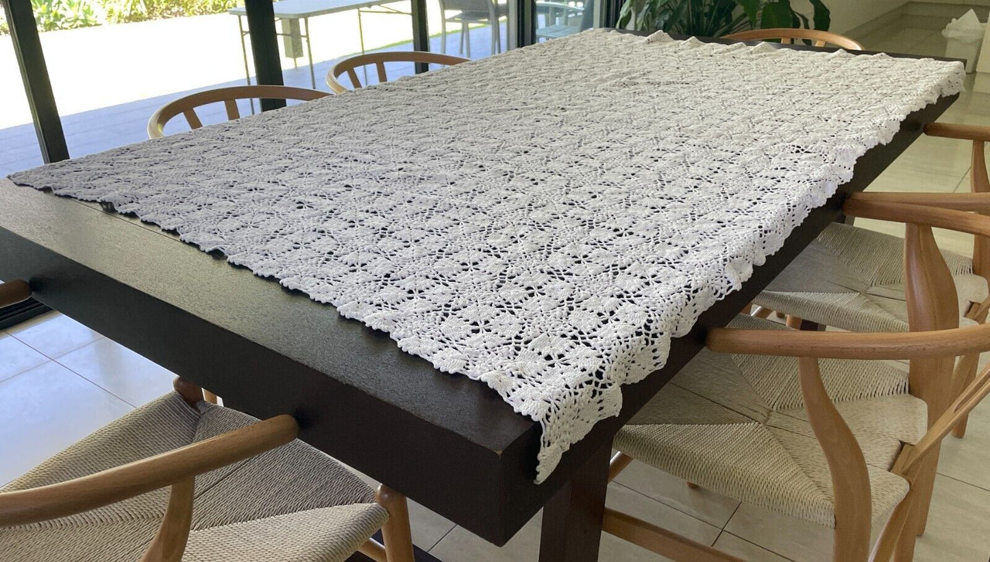 Crochet Lace TABLE CLOTH 1970's White Cotton Rectangle Bedspread 202 x 127cm