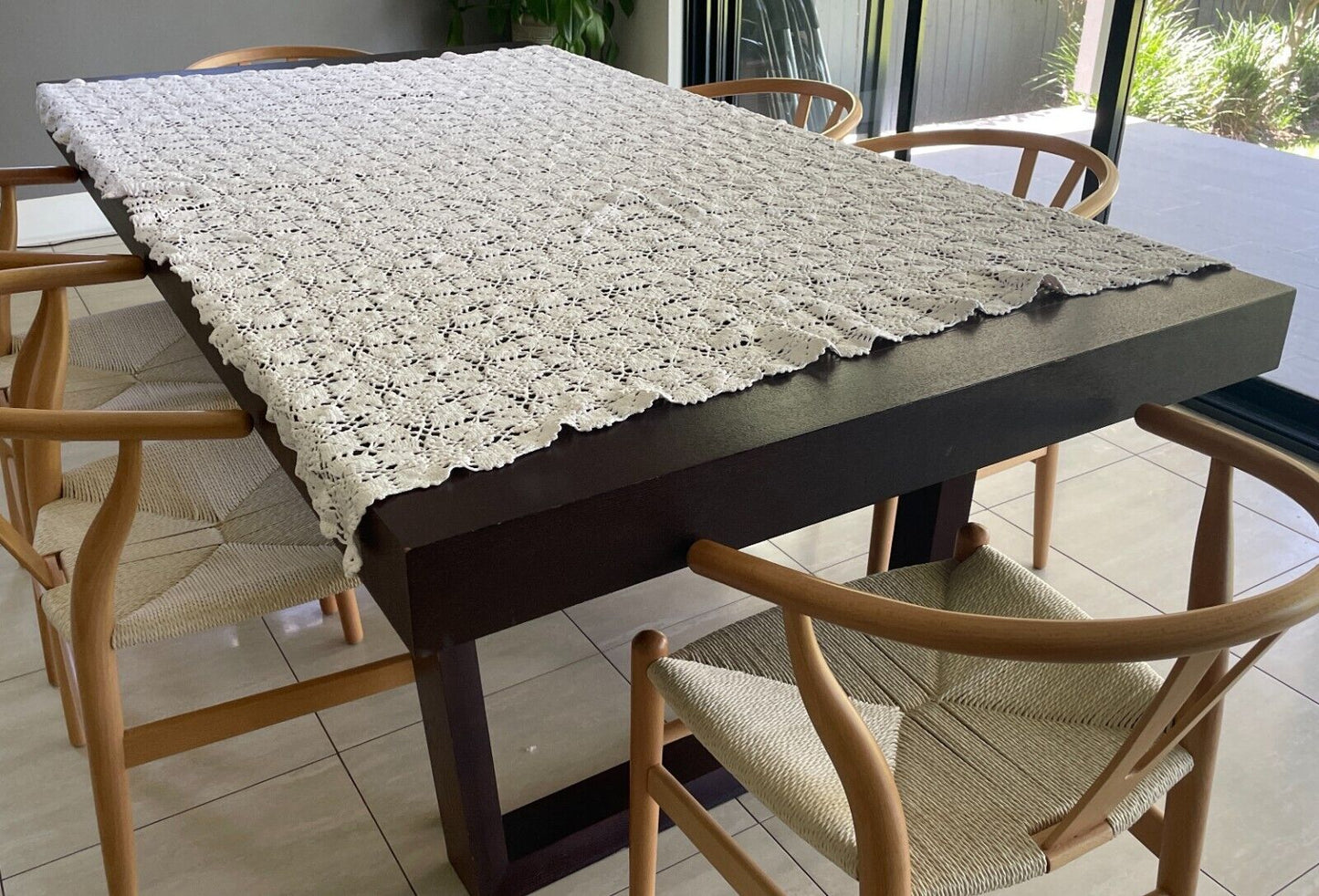 Crochet Lace TABLE CLOTH 1970's White Cotton Rectangle Bedspread 202 x 127cm