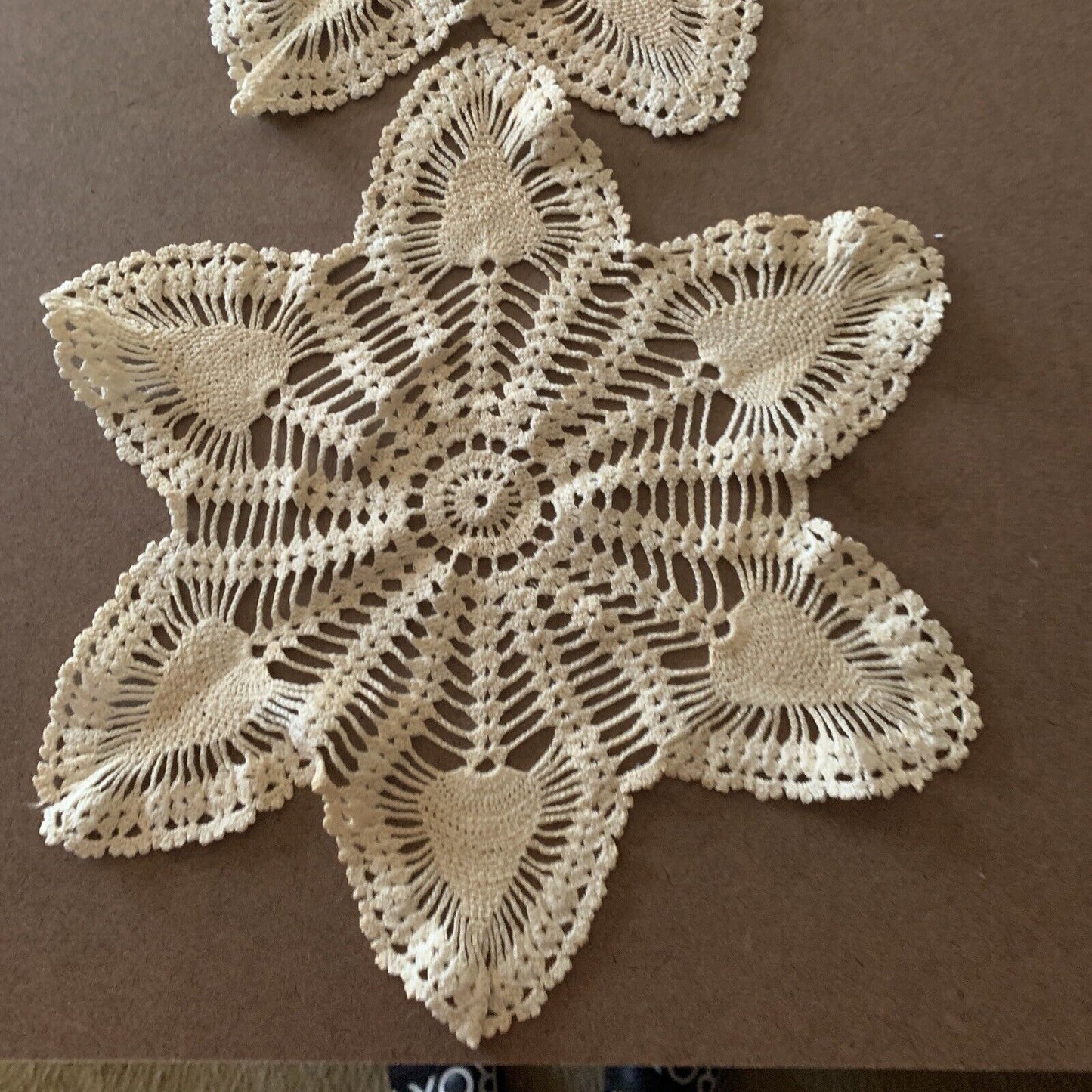 1960’s 2x Doilies Star Flower Beige Ornate Doily 34cm Crochet Tatted Table Mat