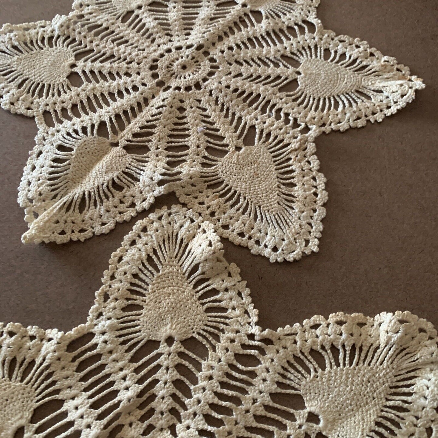 1960’s 2x Doilies Star Flower Beige Ornate Doily 34cm Crochet Tatted Table Mat
