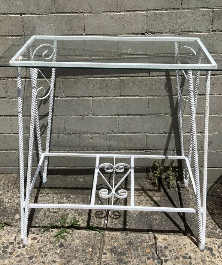 Side Table 1970’s White Wrought Iron Aquarium Stand Patio Hall Or W Glass Top