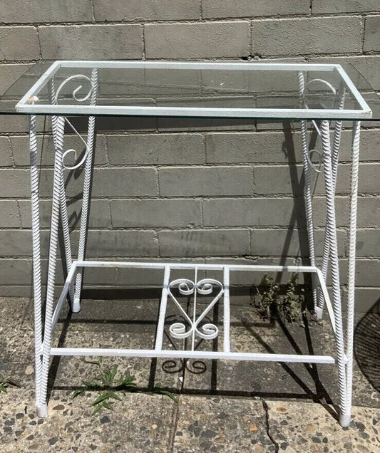 Side Table 1970’s White Wrought Iron Aquarium Stand Patio Hall Or W Glass Top