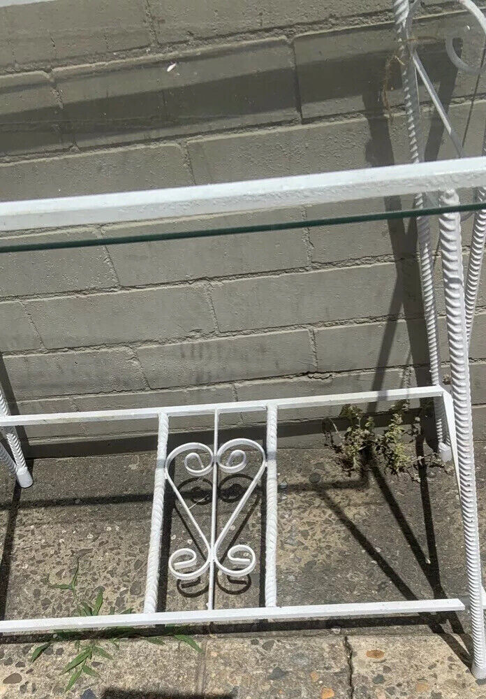 Side Table 1970’s White Wrought Iron Aquarium Stand Patio Hall Or W Glass Top