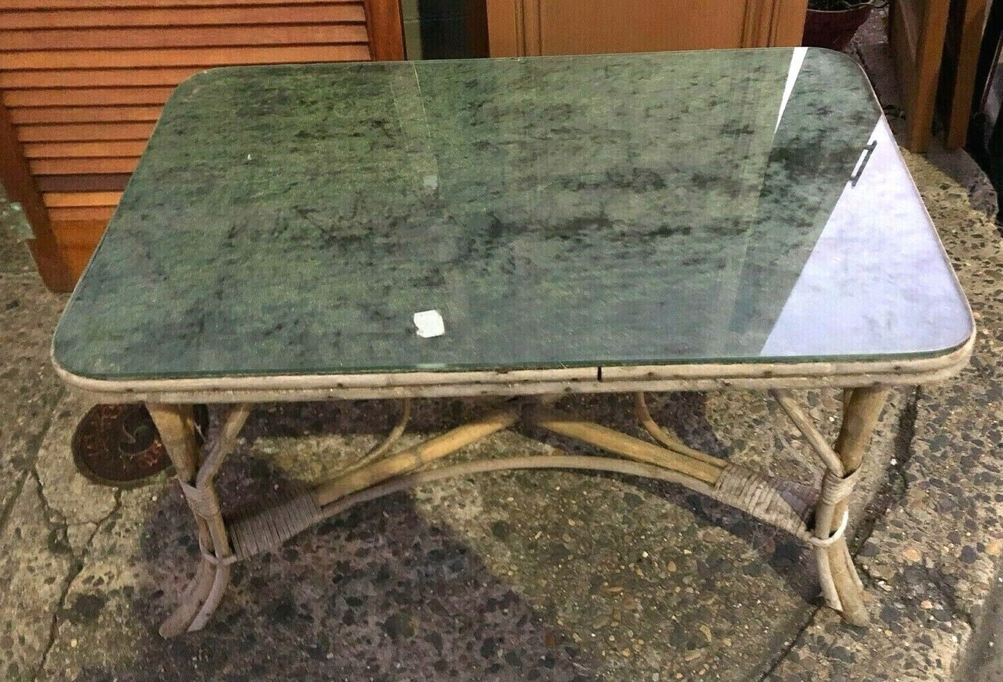 CANE COFFEE TABLE Rustic Vintage 1920s Bamboo  Dark Green Velvet Under Glass