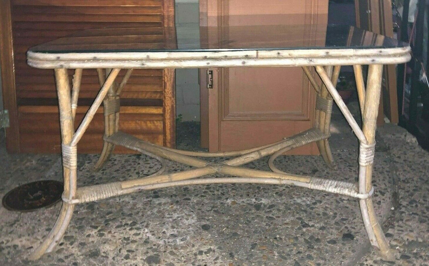 CANE COFFEE TABLE Rustic Vintage 1920s Bamboo  Dark Green Velvet Under Glass