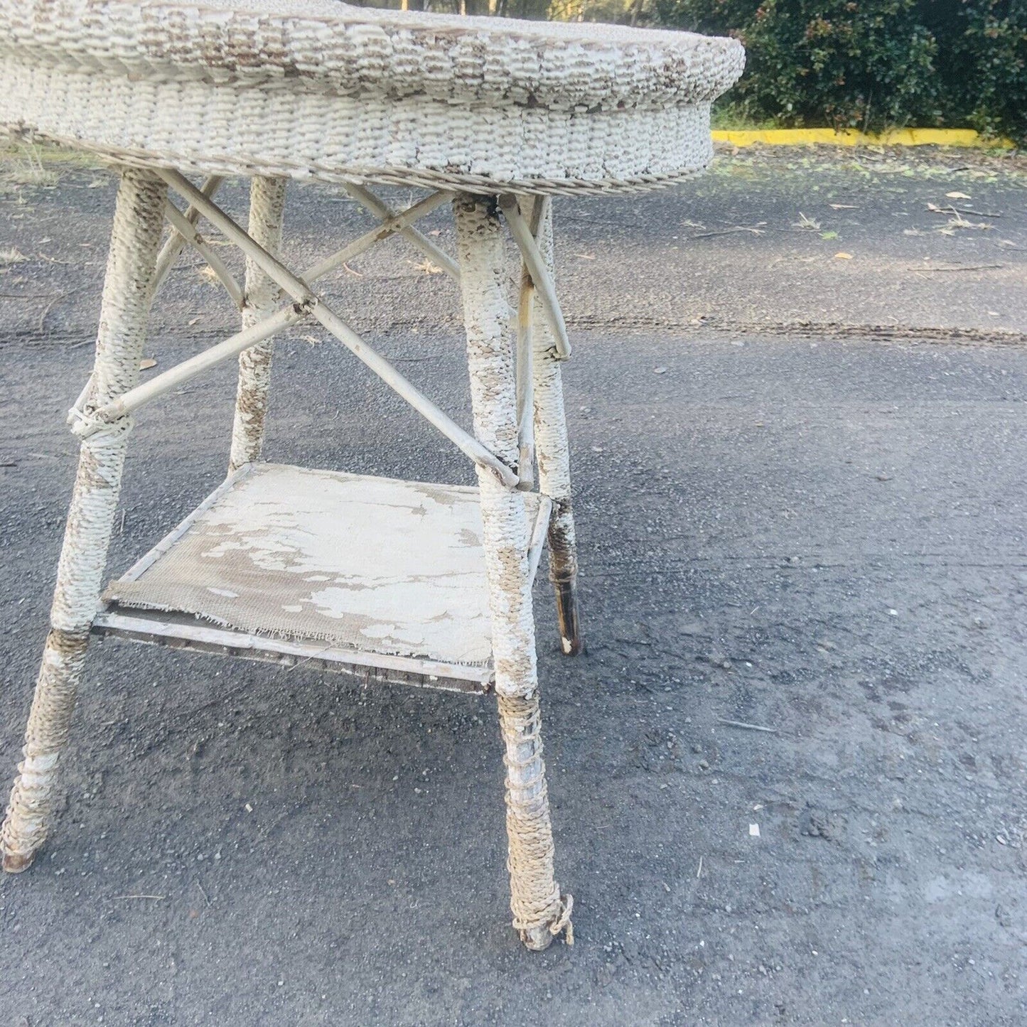 Patio Table Rustic Vintage 1940s Seagrass White Painted Cane Indoor Outdoor