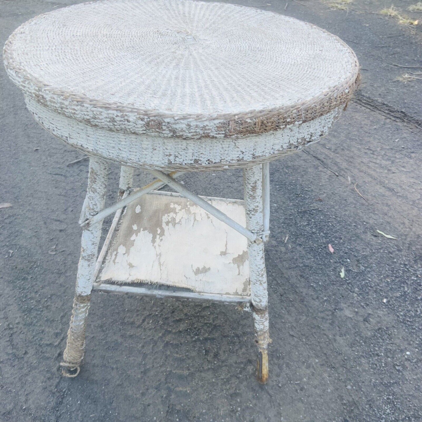 Patio Table Rustic Vintage 1940s Seagrass White Painted Cane Indoor Outdoor