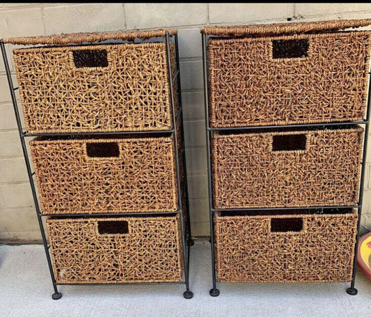 2x Seagrass Wrought Iron Frame Bed Side Drawers 3 Baskets in each Side Table