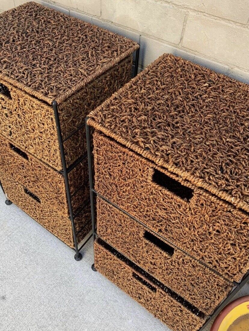 2x Seagrass Wrought Iron Frame Bed Side Drawers 3 Baskets in each Side Table