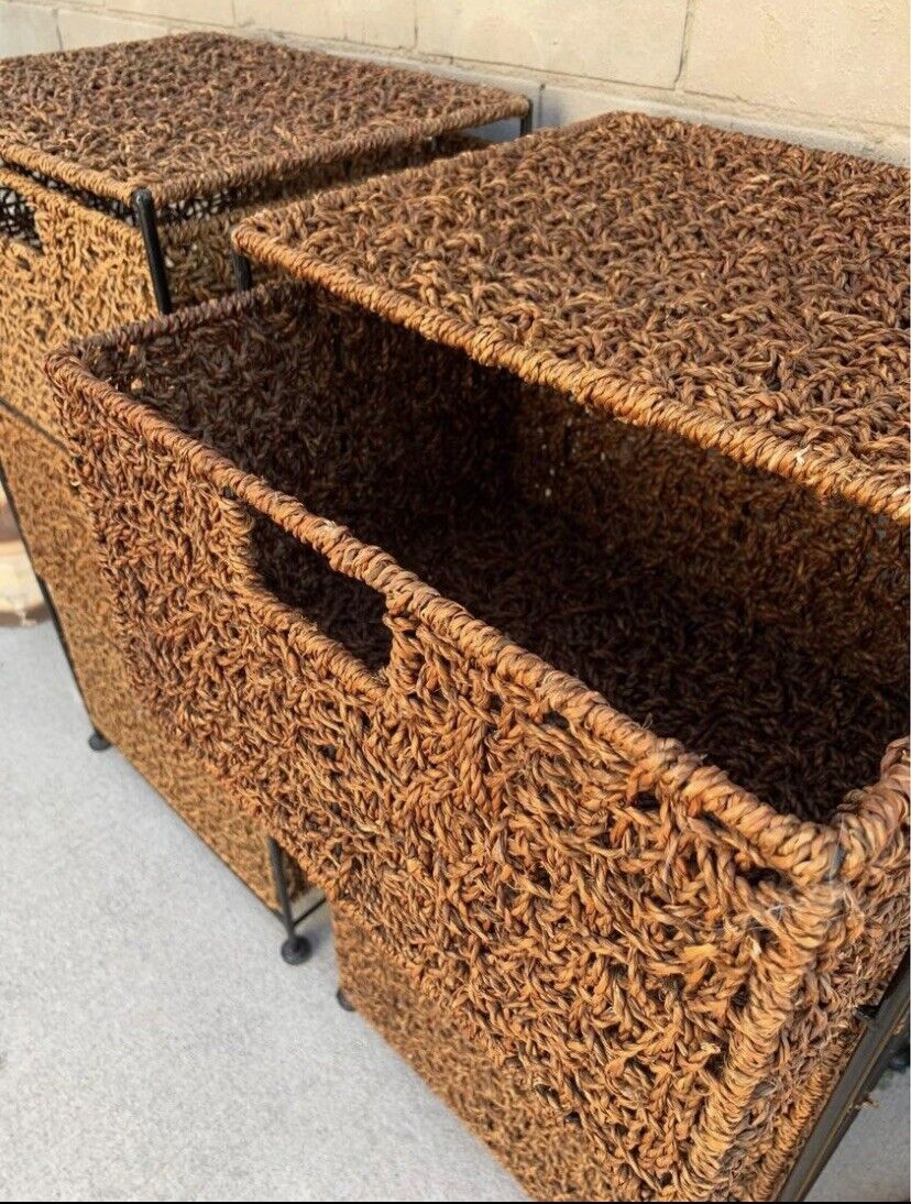 2x Seagrass Wrought Iron Frame Bed Side Drawers 3 Baskets in each Side Table
