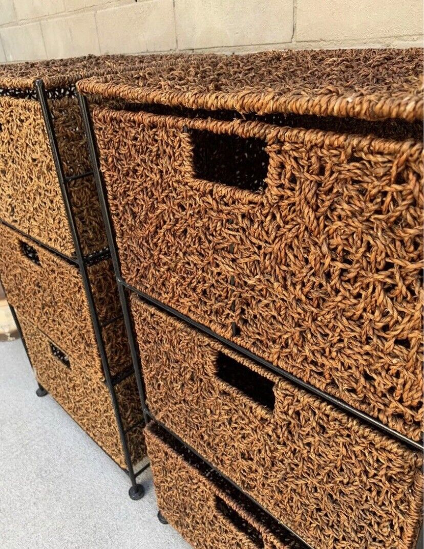 2x Seagrass Wrought Iron Frame Bed Side Drawers 3 Baskets in each Side Table