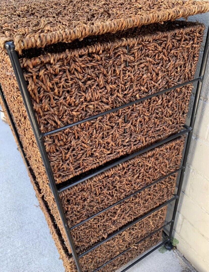 2x Seagrass Wrought Iron Frame Bed Side Drawers 3 Baskets in each Side Table