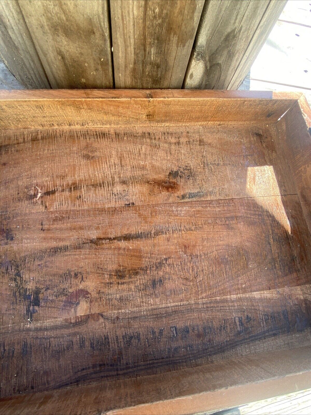 Rustic Serving Tray Wooden Bed Ottoman Table w Black Wrought Iron Handles E125