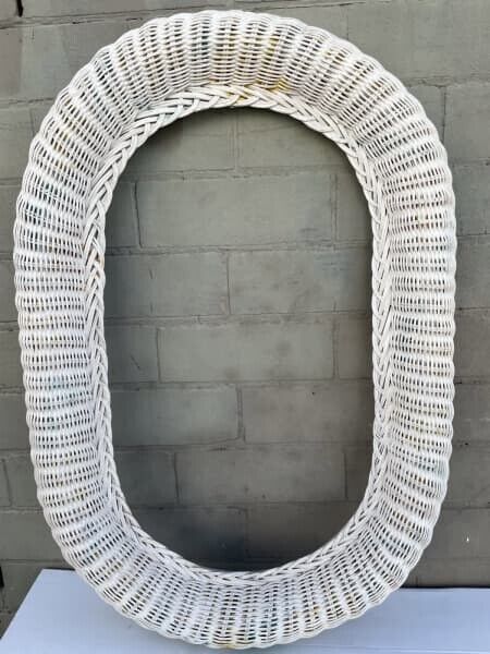 Wicker Mirror Picture Frame 1970’s 70cm Rustic White Woven  Oval Wood Base AE52