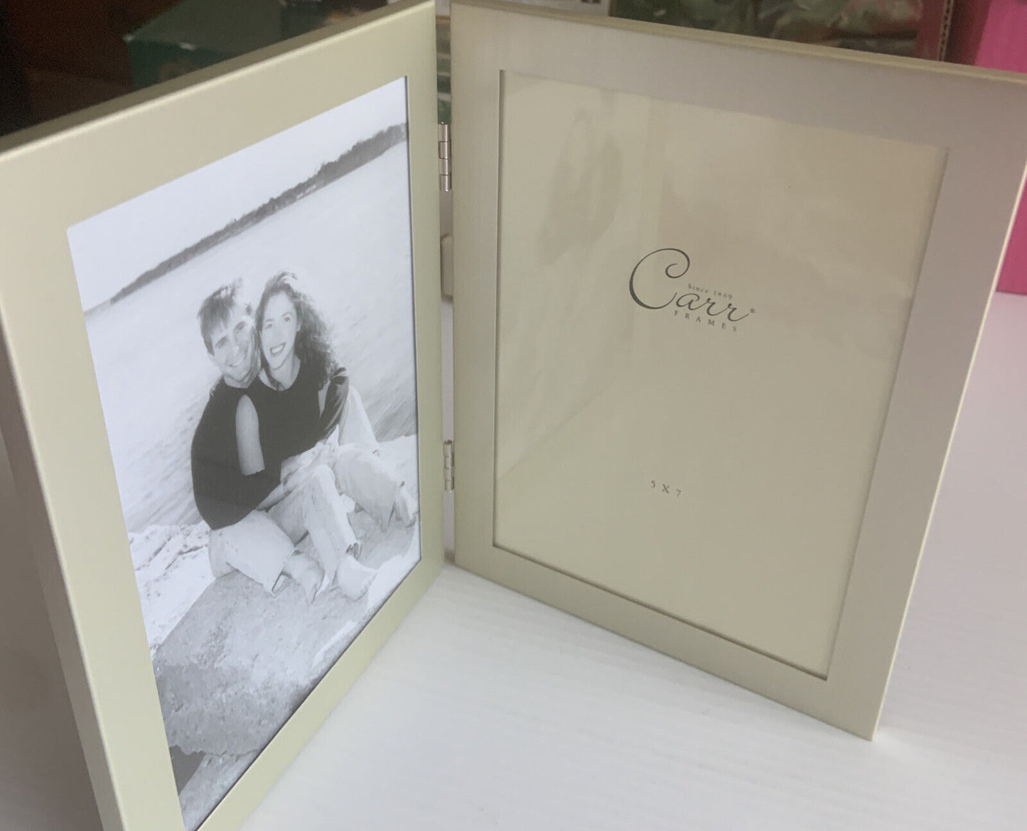 CARR FRAMES Double Hinged Picture Frame White Gold Metal 5x7 In Box Opened NEW