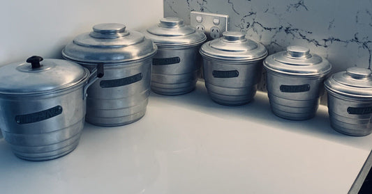 VILLA WARE Aluminium Canister Set of  6 w Dripping Pot Bakelite Knob Graduating