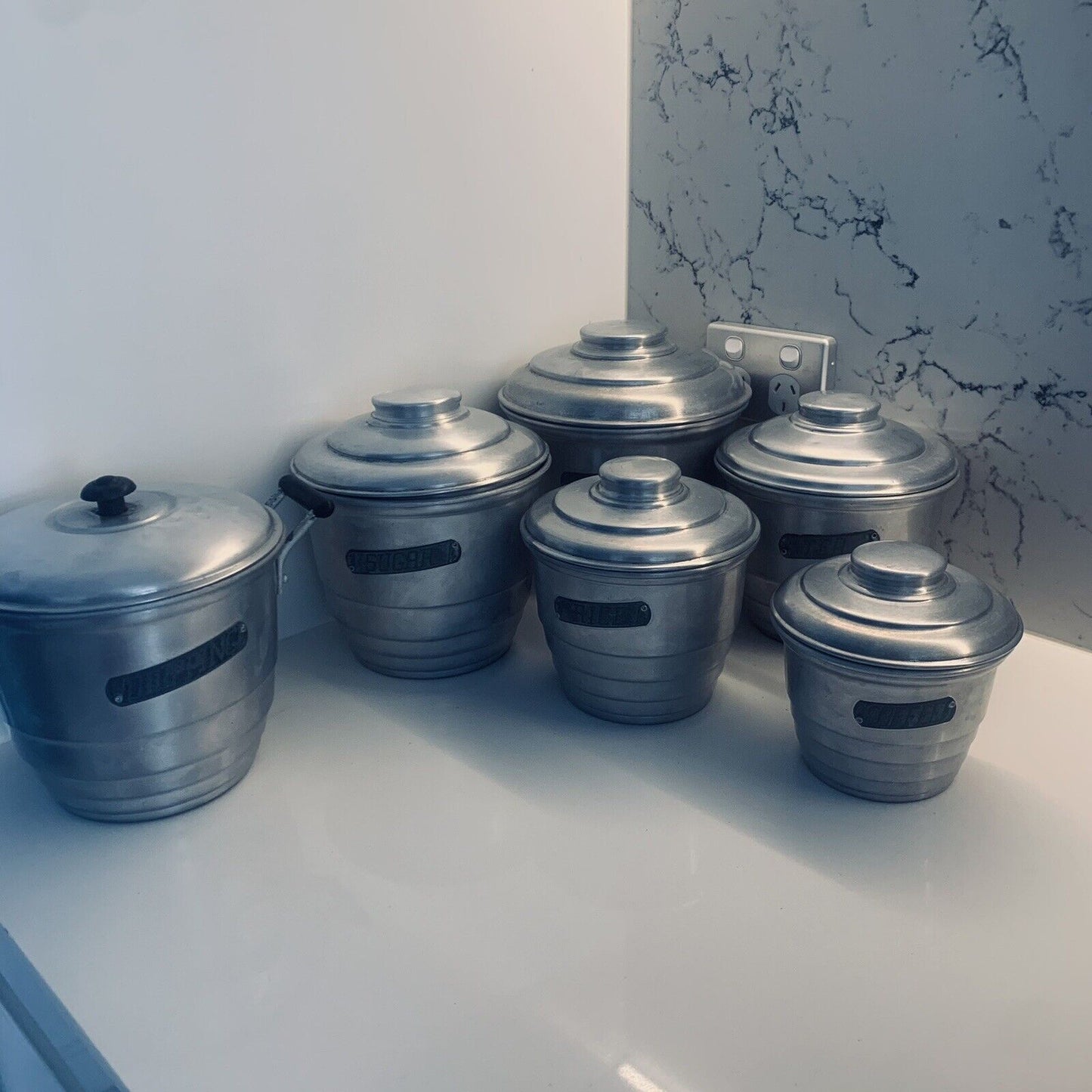VILLA WARE Aluminium Canister Set of  6 w Dripping Pot Bakelite Knob Graduating