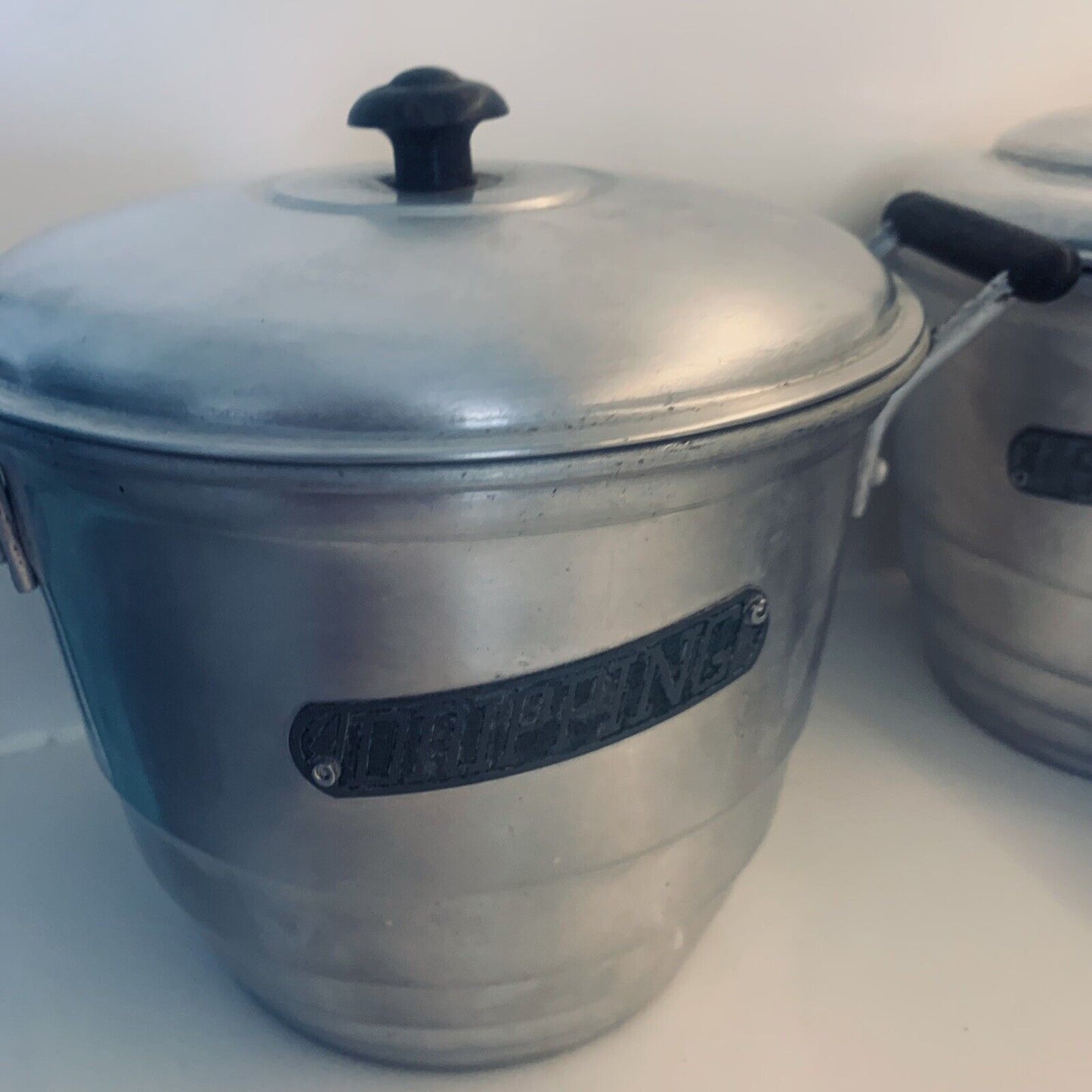 VILLA WARE Aluminium Canister Set of  6 w Dripping Pot Bakelite Knob Graduating
