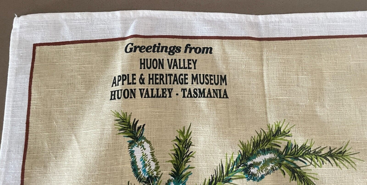 Souvenir Tea Towel HUON VALLEY Tasmania Apple & Heritage Museum Blue Wren Bird