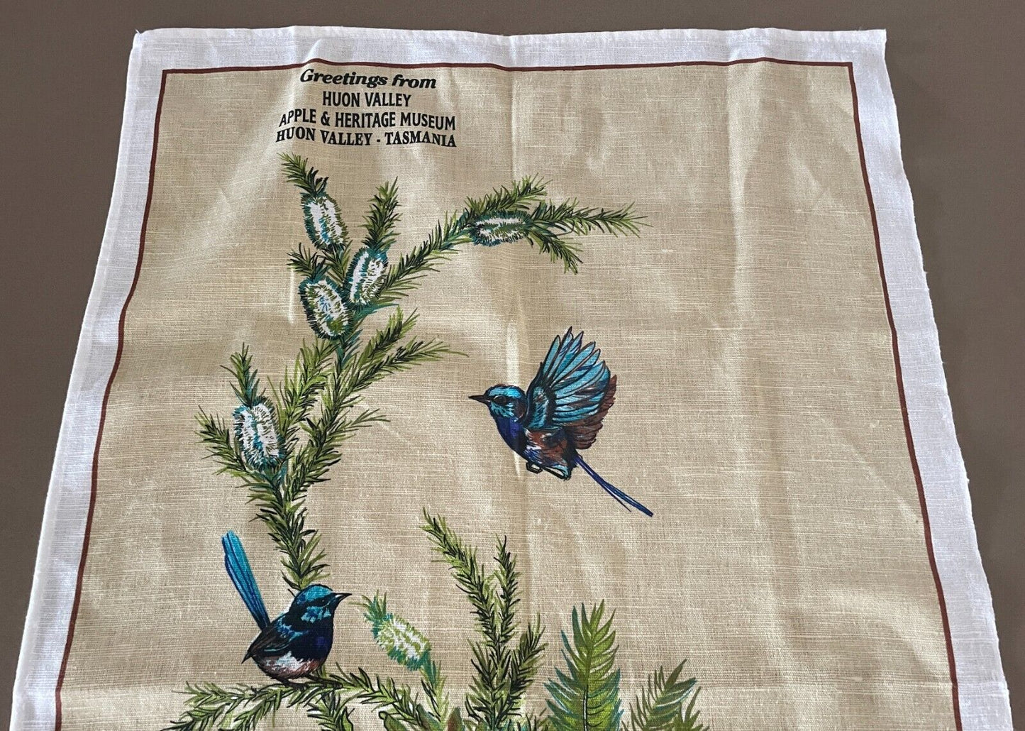 Souvenir Tea Towel HUON VALLEY Tasmania Apple & Heritage Museum Blue Wren Bird