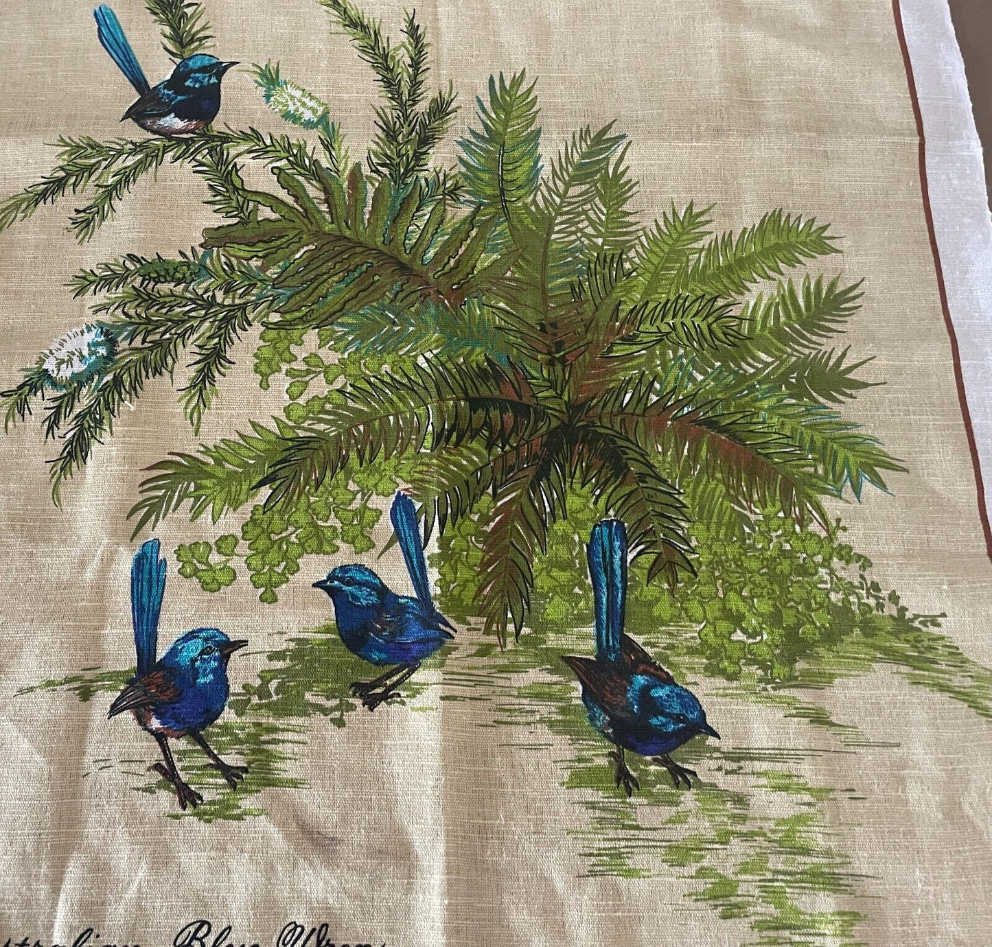 Souvenir Tea Towel HUON VALLEY Tasmania Apple & Heritage Museum Blue Wren Bird