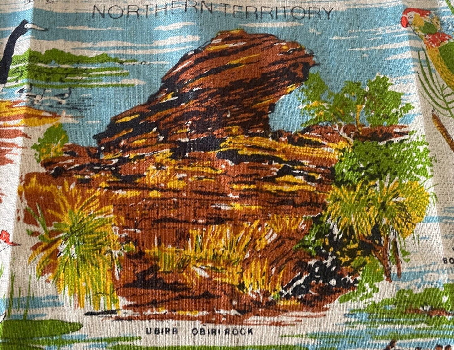 Vintage New "KAKADU National Park" NT Tea Towel Souvenir Flora and Fauna Print