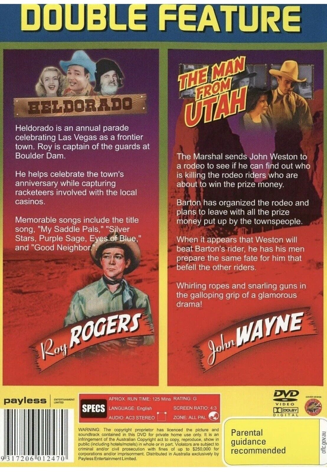 DVD Heldorado + The Man From Utah R0  John Wayne Roy Rogers 2 Movies Pack