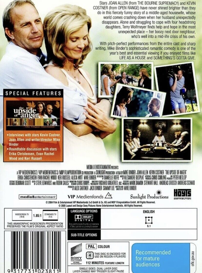 DVD THE UPSIDE OF ANGER Movie R4 Kevin Costner Comedy