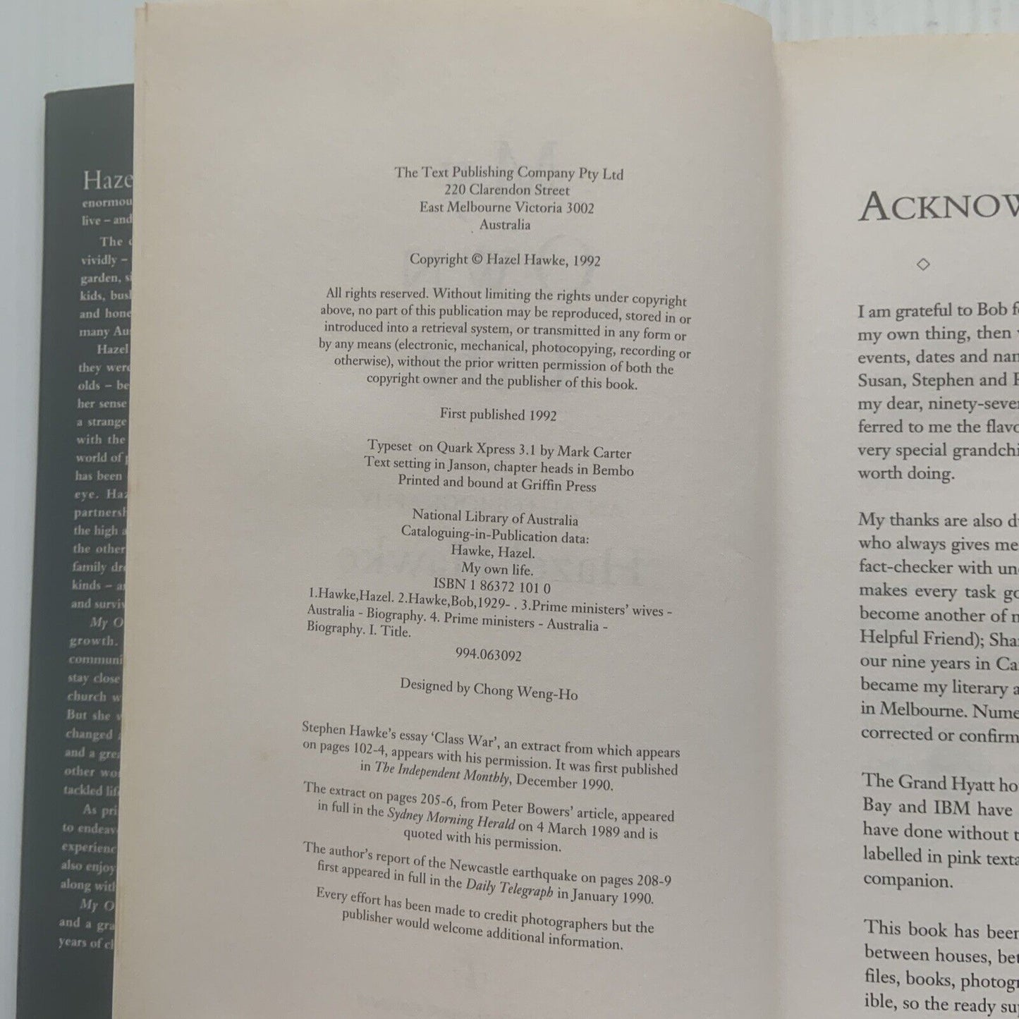 HC Book HAZEL HAWKE My Own Life Autobiography Australian Politics 1992 Bob PM
