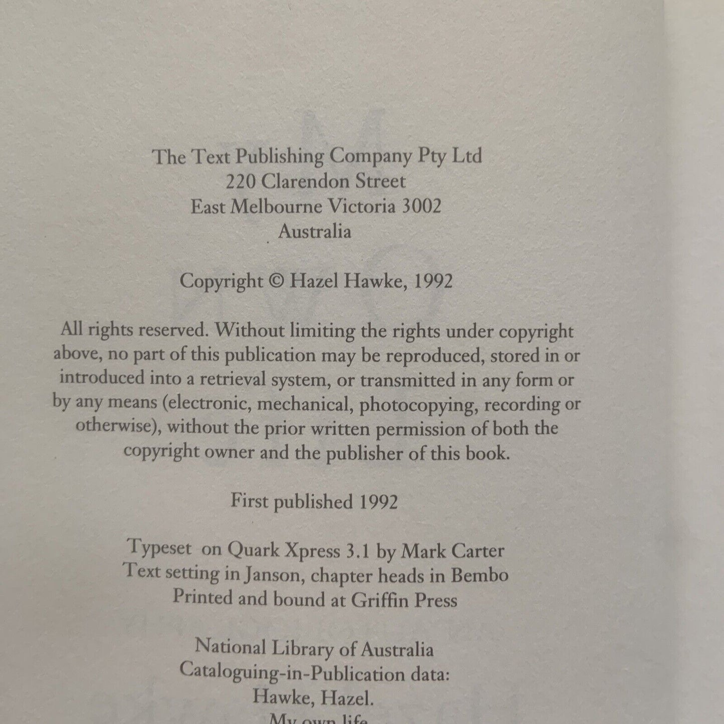 HC Book HAZEL HAWKE My Own Life Autobiography Australian Politics 1992 Bob PM