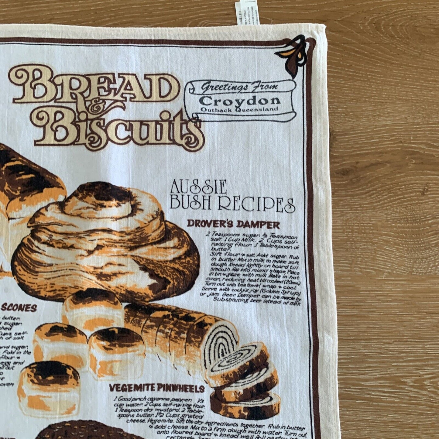TEA TOWEL Cotton Croydon Outback QLD BREADS & BISCUITS Recipes Souvenir 70 x46cm