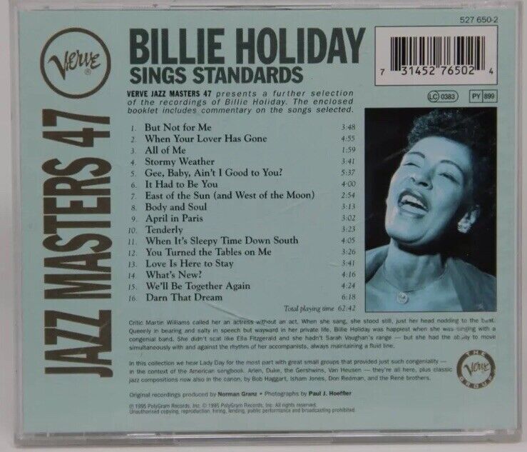 CD BILLIE HOLIDAY Sings Standards Verve Jazz Masters Vol 47 Music 1995 16 Track