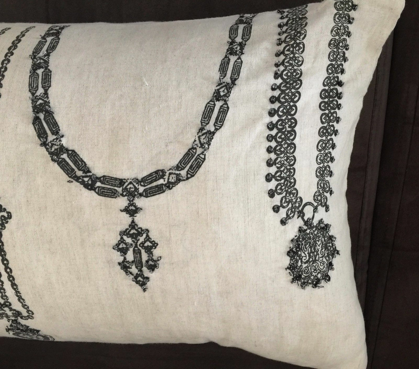 Cushion LAURA ASHLEY "Necklace Print" Long Embellished Beige & Black Pillow