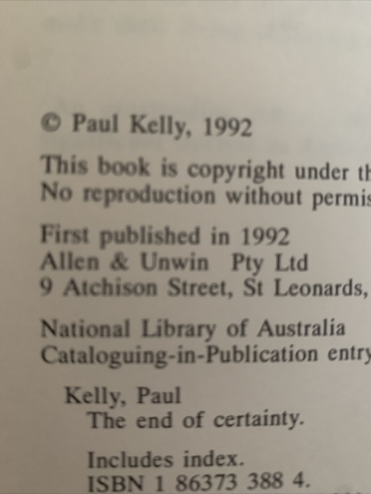 PB Book The END OF CERTAINTY Story of the 1980s Paul Kelly 1992 Aust Politics