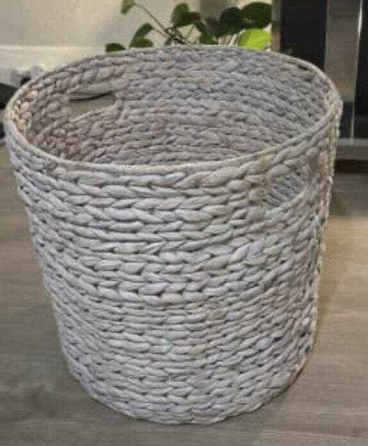Coastal 36.5cm White Wash Handwoven Straw Storage Basket Hamper 2 Handles AE152