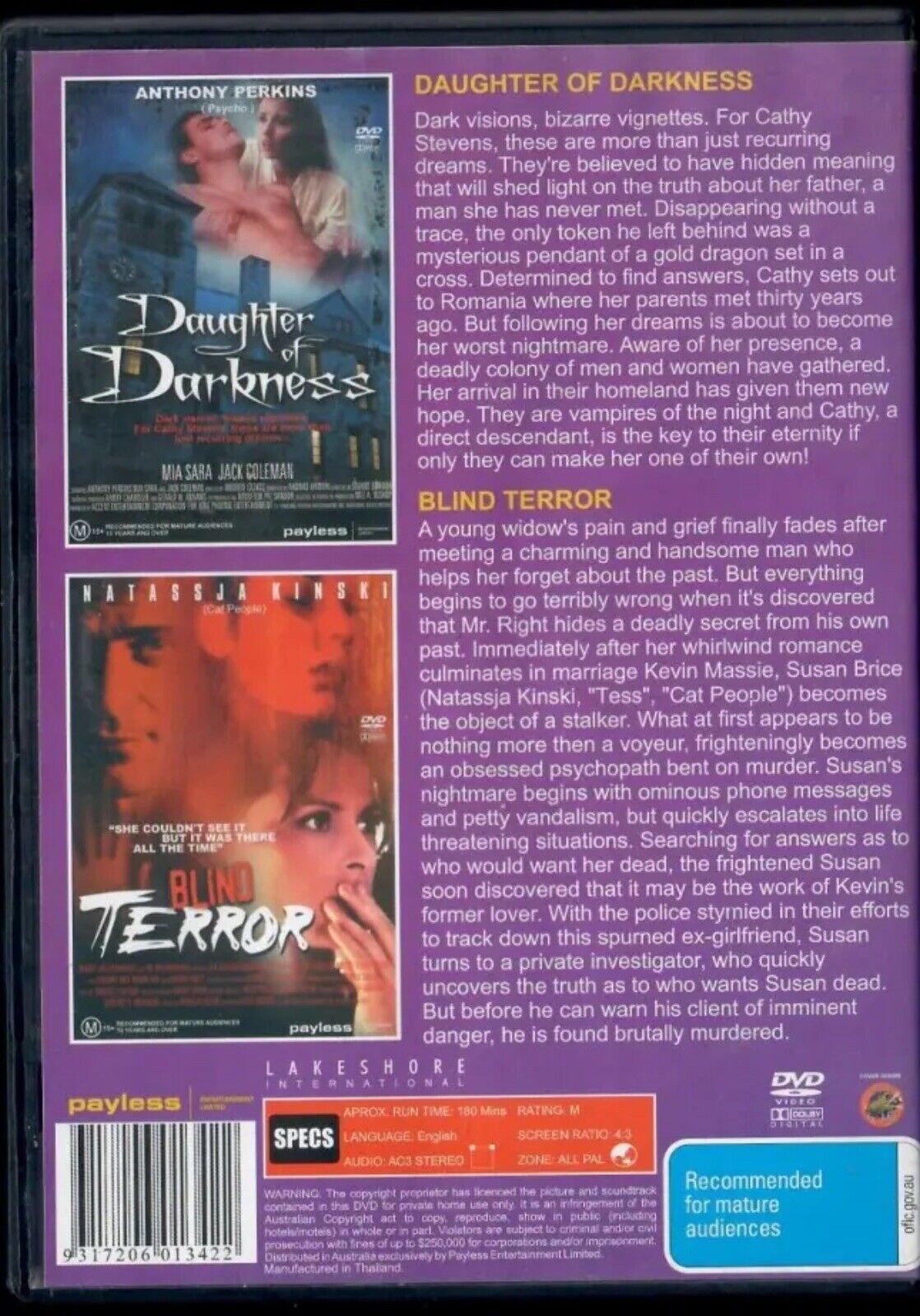 DVD Horror Daughter Of Darkness + Blind Terror Double Feature Psychological RARE