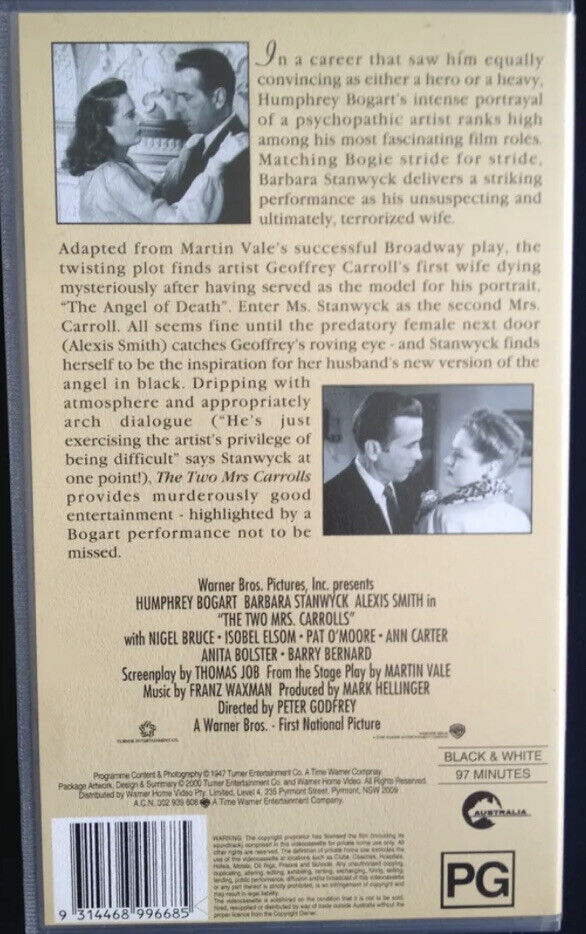 Rare VHS THE TWO MRS CARROLLS Humphrey Bogart Barbara Stanwyck Alexis Smith WB