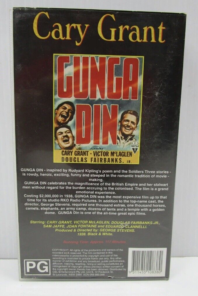 VHS GUNGA DIN Cary Grant Cassette Movie PG WAR MILITARY Vintage Video Tape