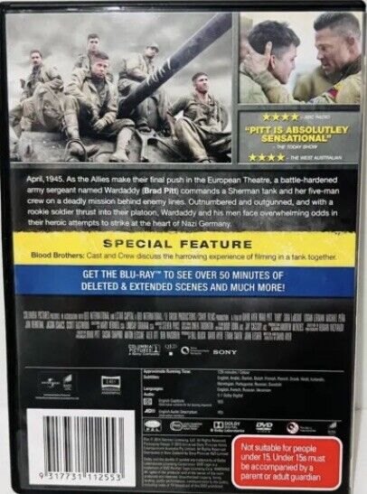 DVD FURY Movie Brad Pitt WWII Tanks  Combat War Action Drama Movie Sealed R4 NEW