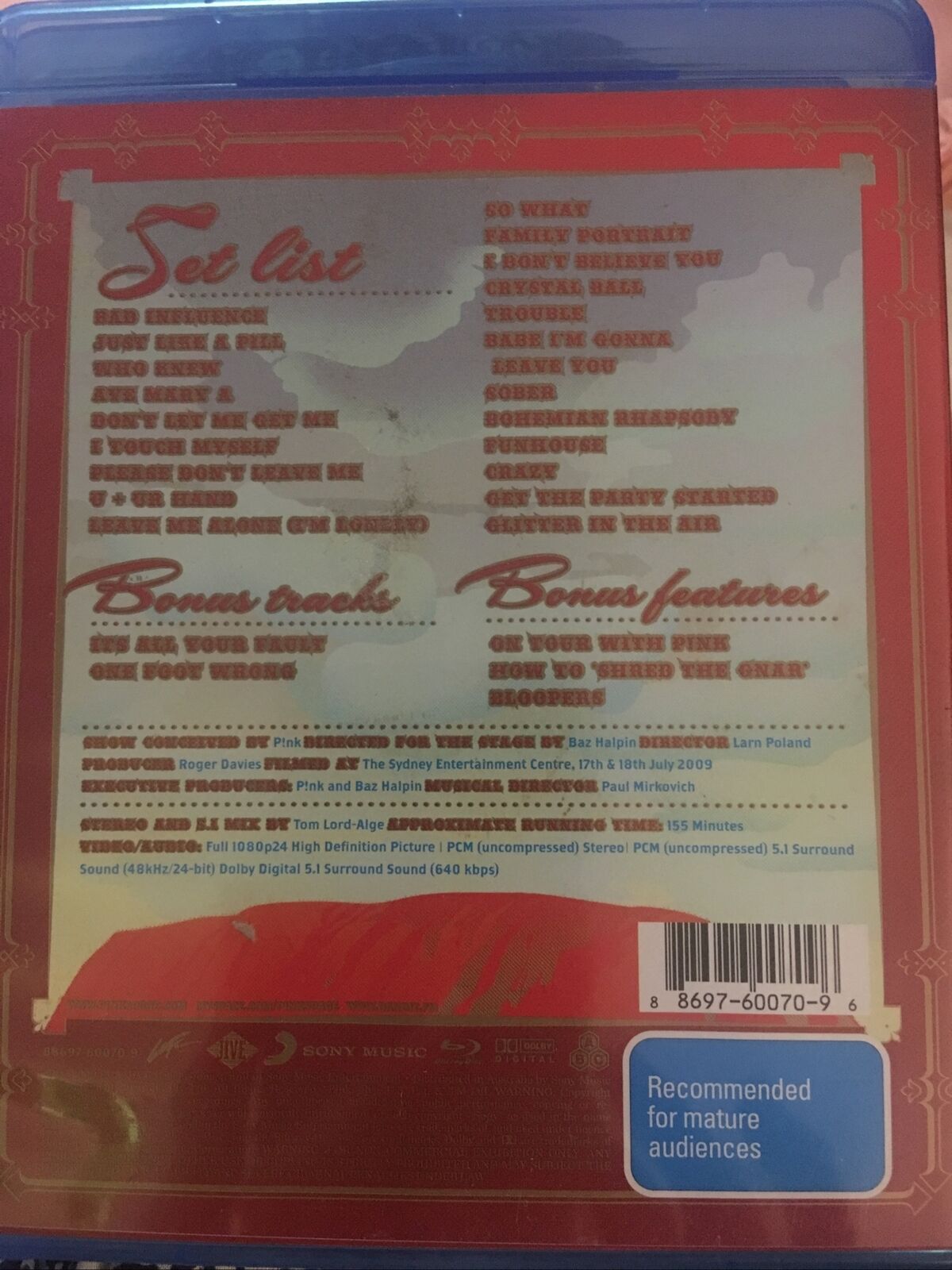 Blu-Ray PINK THE FUNHOUSE TOUR Live In Australia Concert 2009 Music Like New