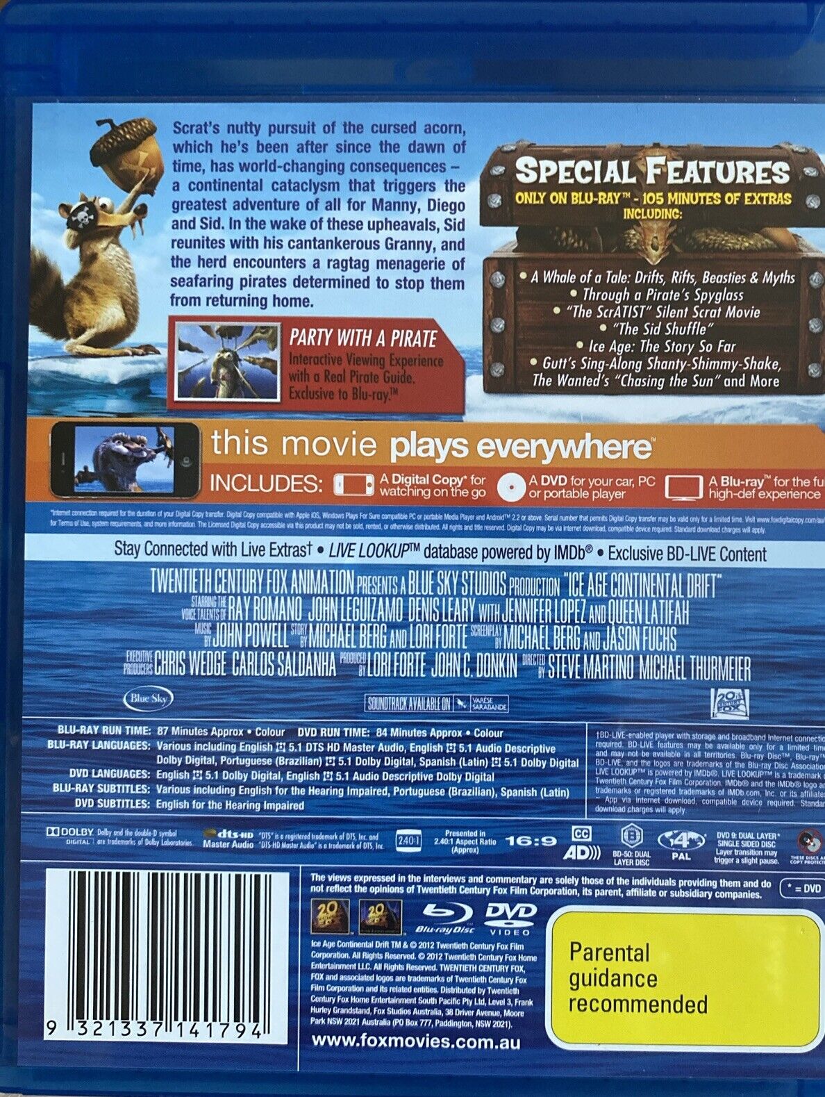 Blu-Ray ICE AGE 4 Continental Drift TRIPLE PLAY Case  + DVD (No DIGITAL COPY)