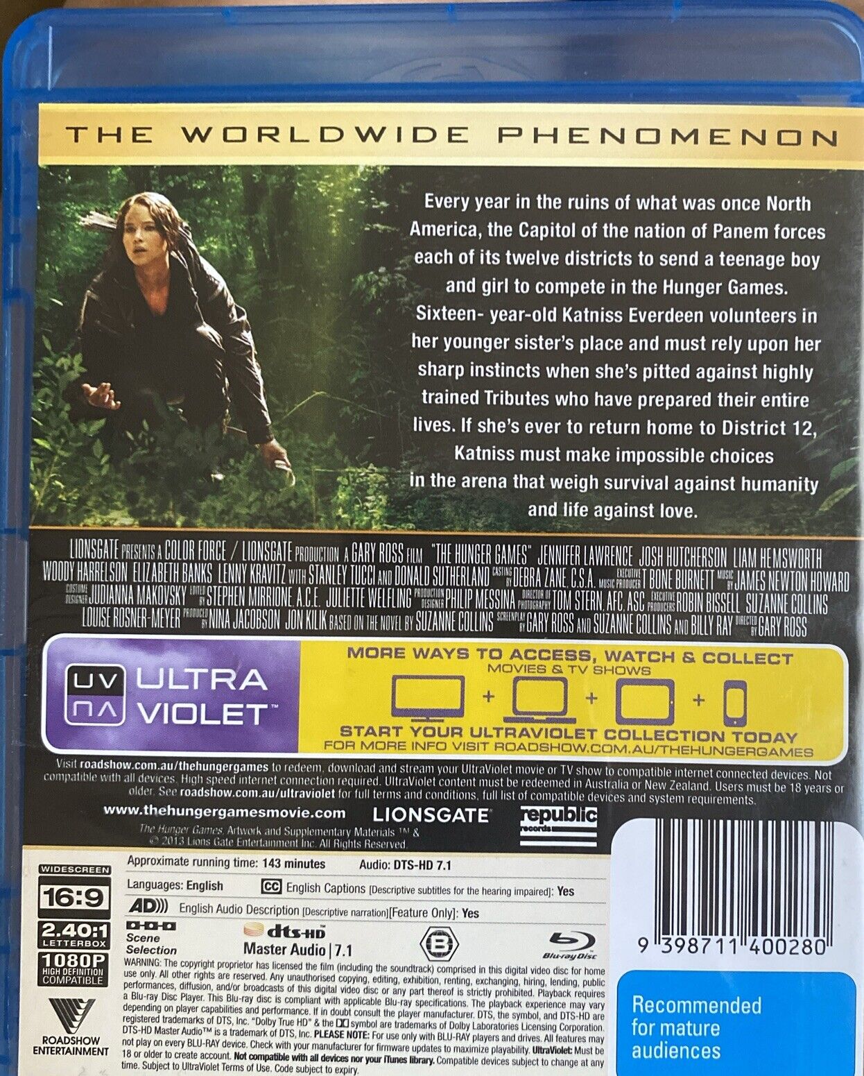 Blu-Ray THE HUNGER GAMES + UltraViolet 2011 Jennifer Lawrence Action Movie