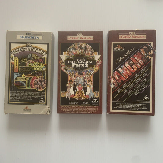 3 VHS That's Entertainment Part 1  & 2 & That’s Dancing Fred Astaire Gene Kelly