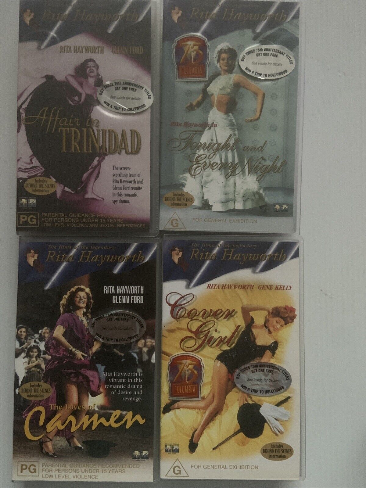 4 VHS Set Rita Hayworth Tonight Every Night  Carmen Cover Girl Trinidad Video
