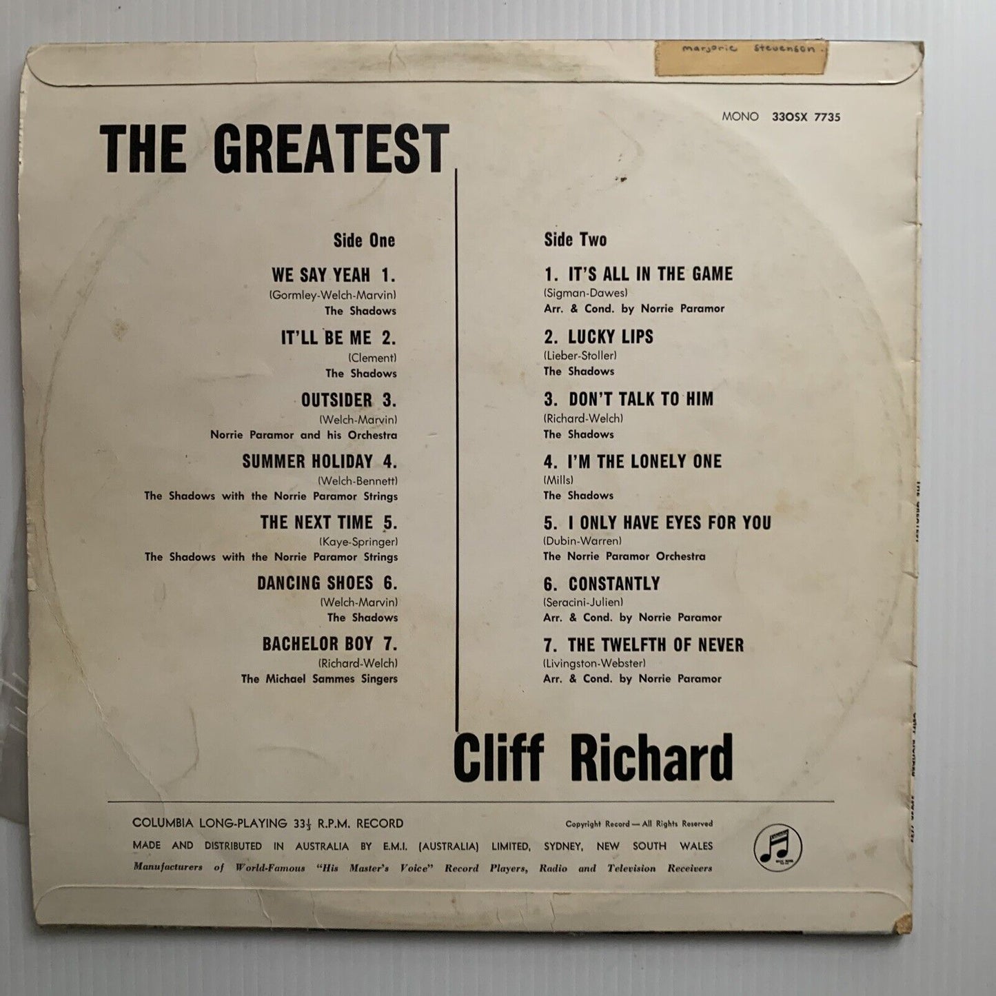 Vinyl LP The Greatest Cliff Richard Oz 1st Press Columbia 1960s Mono 33OSX 7735