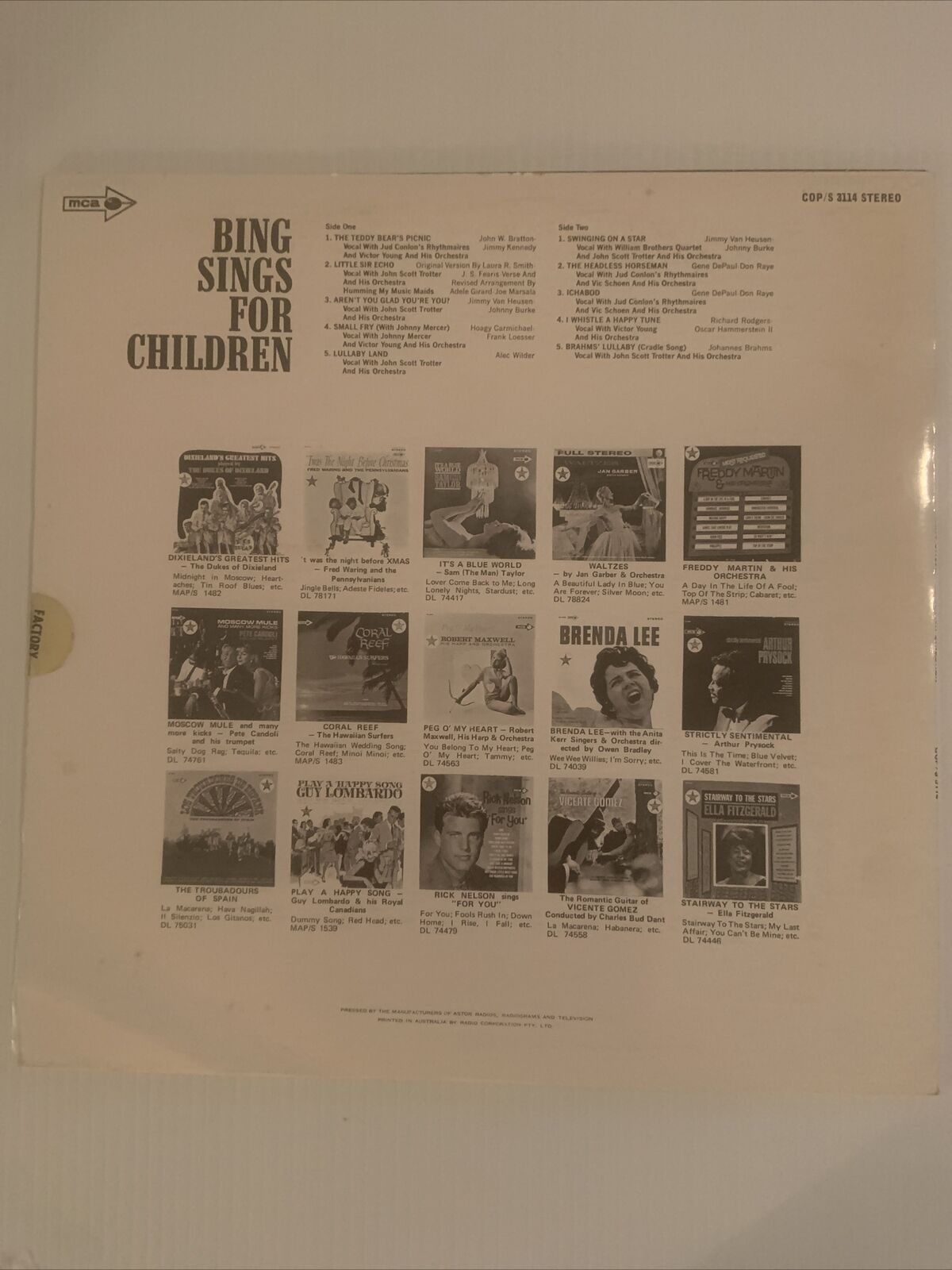 Vinyl LP BING CROSBY “Bing Sings For Children” MCA Records 12” Record NEW