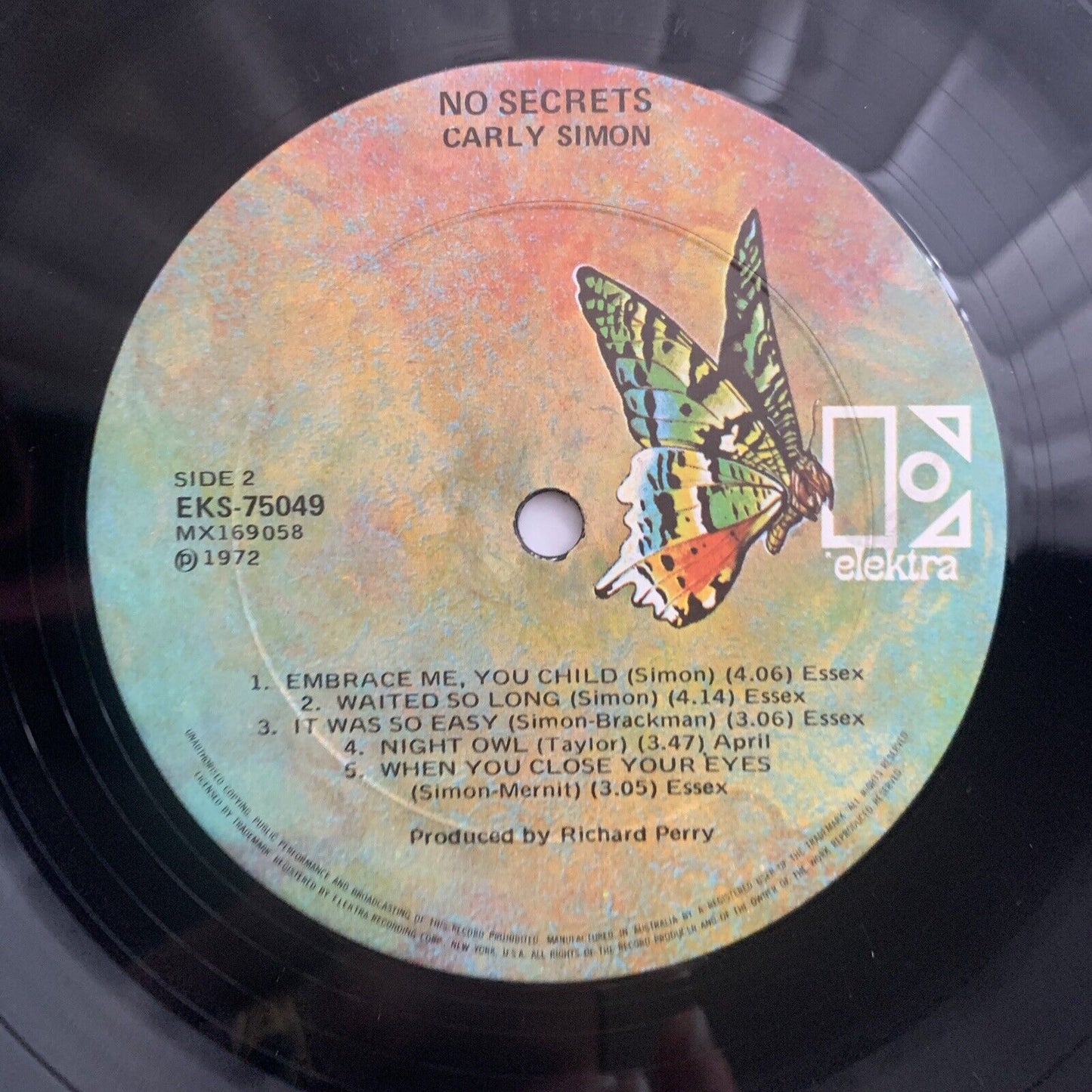 Vinyl LP NO SECRETS Carly Simon Record Music Album EKS 75049 1972 USA Promo